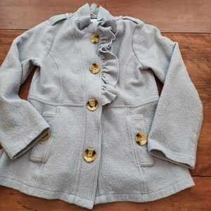Luii Women's Blue‎ 100% Wool Ruffle Button Down Coat Jacket XL Extra Large